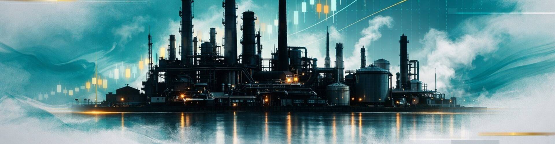 Impianto di lavorazione di materie prime energetiche e grafico di trading.