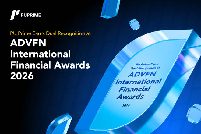 PU Prime logo alongside the label ‘PU Prime Earns Dual Recognition at ADVFN International Financial Awards 2026’ and the engraved award.