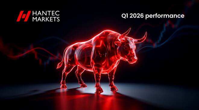 Hantec Markets Logo, red bull and Q1 2026 performance label.