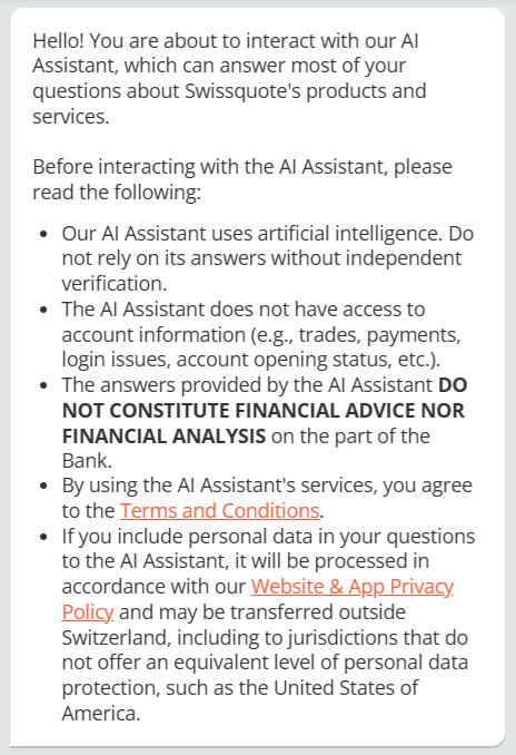 Swissquote’s AI Agent disclaimer