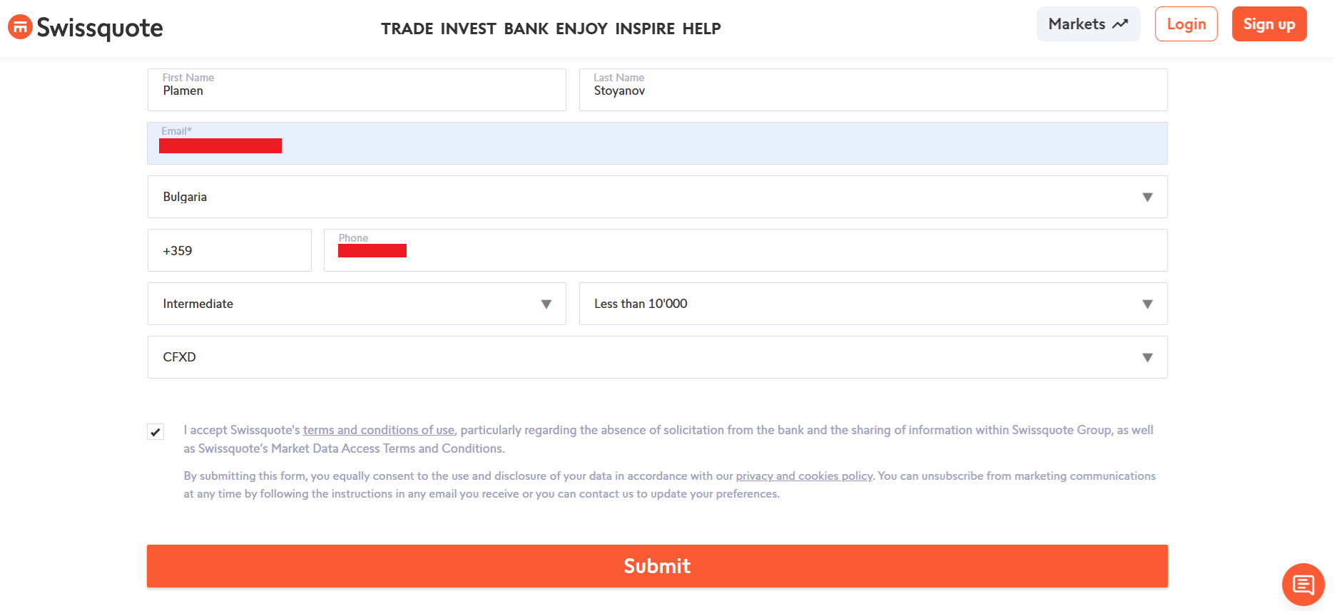 Swissquote’s account registration form