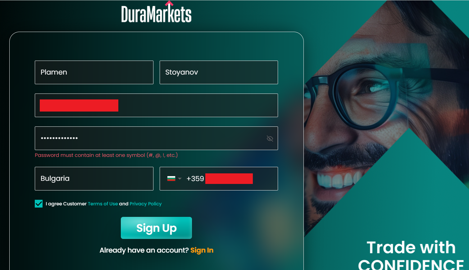 DuraMarkets’ registration form