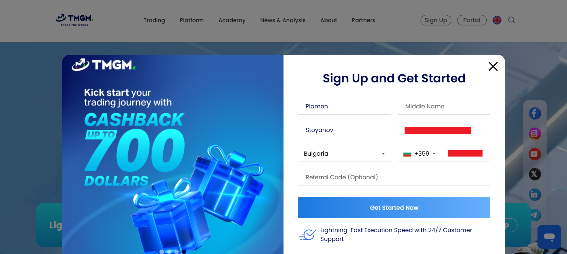 TMGM’s account registration form