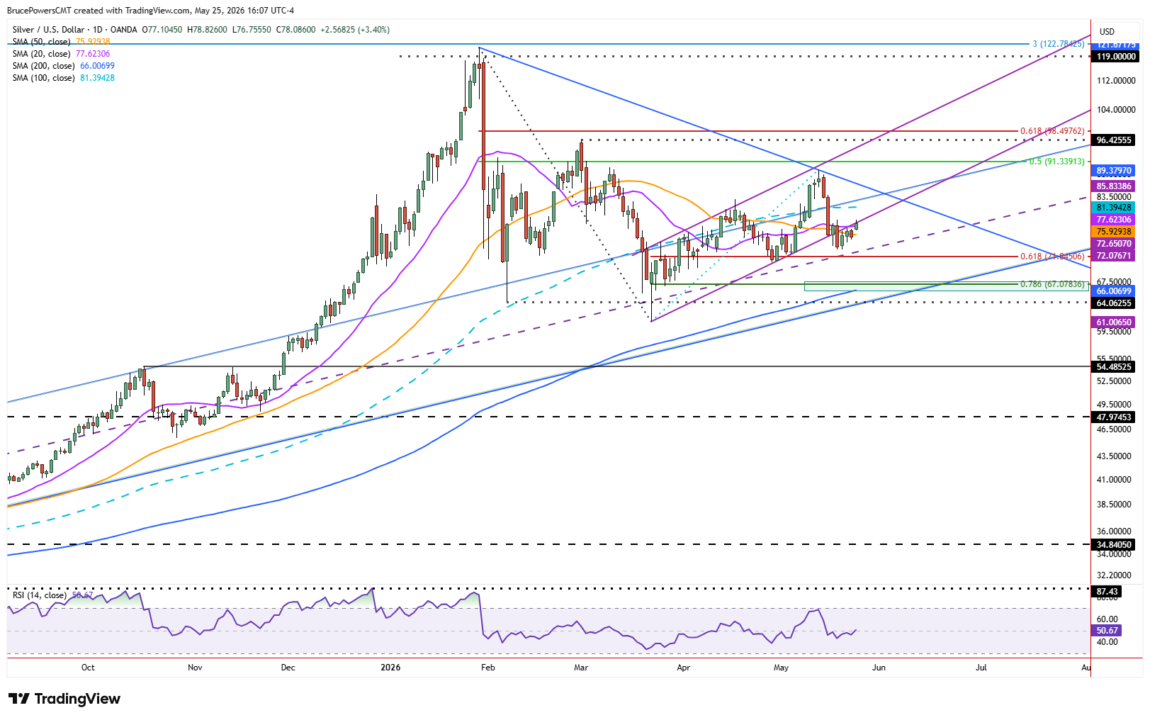 Spot silver daily chart shows test of key trend support