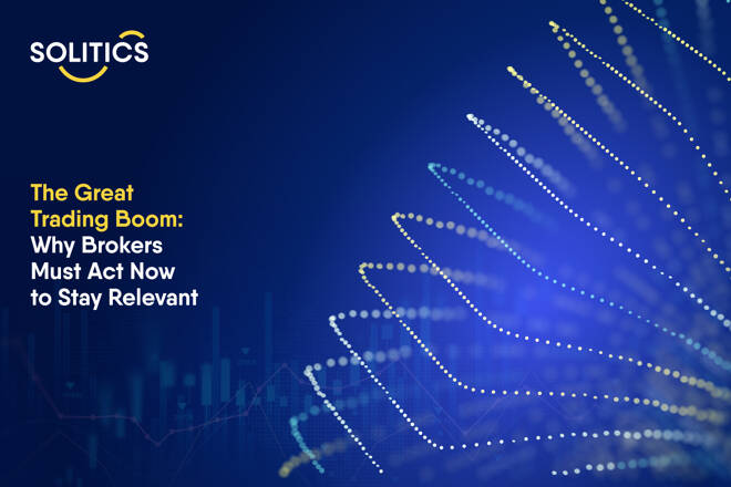 Solitics broker logo, "The Great Trading Boom: Why Brokers Must Act Now to Stay Relevant" label and square like light dots.