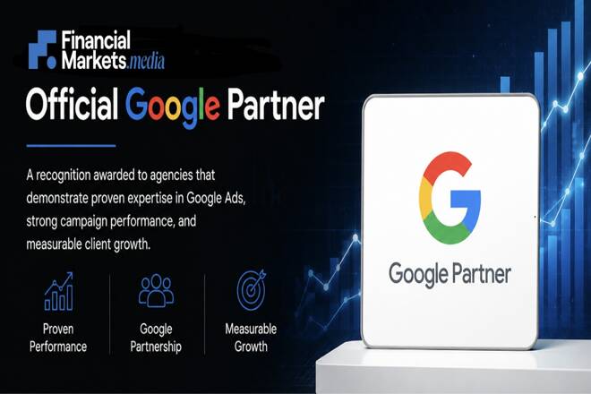 FinancialMarkets.media and its new Google Partner status composition. It includes the label "A recognition awarded to agencies that demonstrate proven expertise in Google Ads, strong campaign performance, and measurable growth." and the icons "Proven Performance", "Google Partnership" and "Measurable Growth".