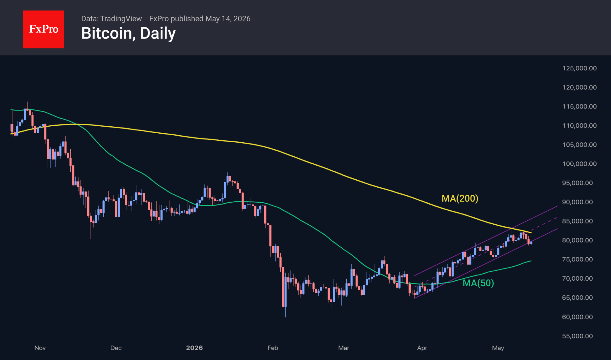 Daily Bitcoin chart highlighting moving averages, an ascending channel, and the recent drop below $80K.