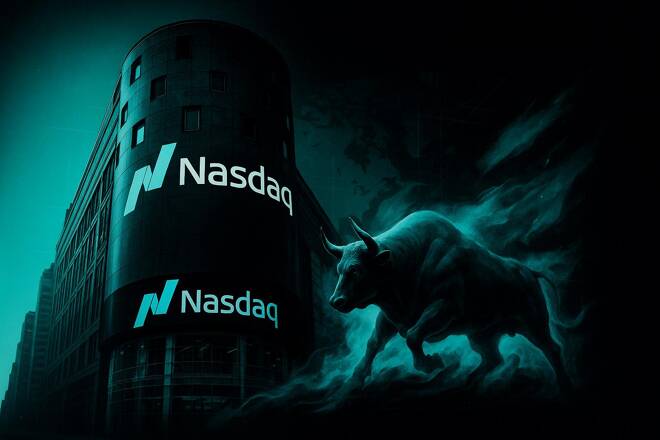 Nasdaq building and bull