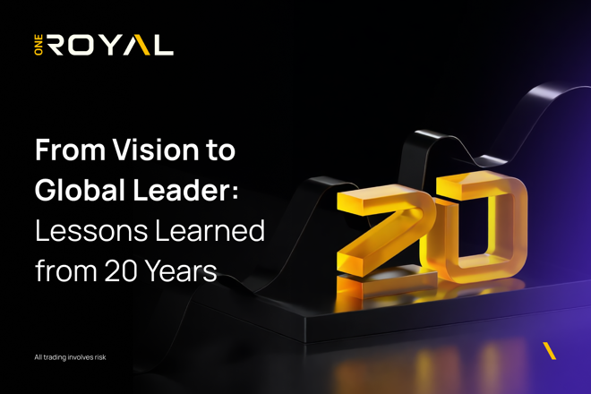 OneRoyal logo, a big 20 number and the label "From Vision to Global, Lessons Learned from 20 Years"