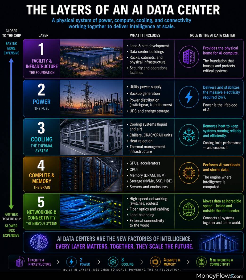 A detailed infographic diagram illustrating five layers of an AI data center, each with specific roles and components, arranged vertically from facility infrastructure to networking and connectivity. It highlights key elements like power supply, cooling systems, computing hardware, and high-speed networking, emphasizing their functions in delivering, stabilizing, and processing AI workloads efficiently.