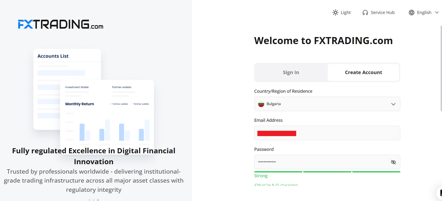 FXTRADING.com’s account registration form