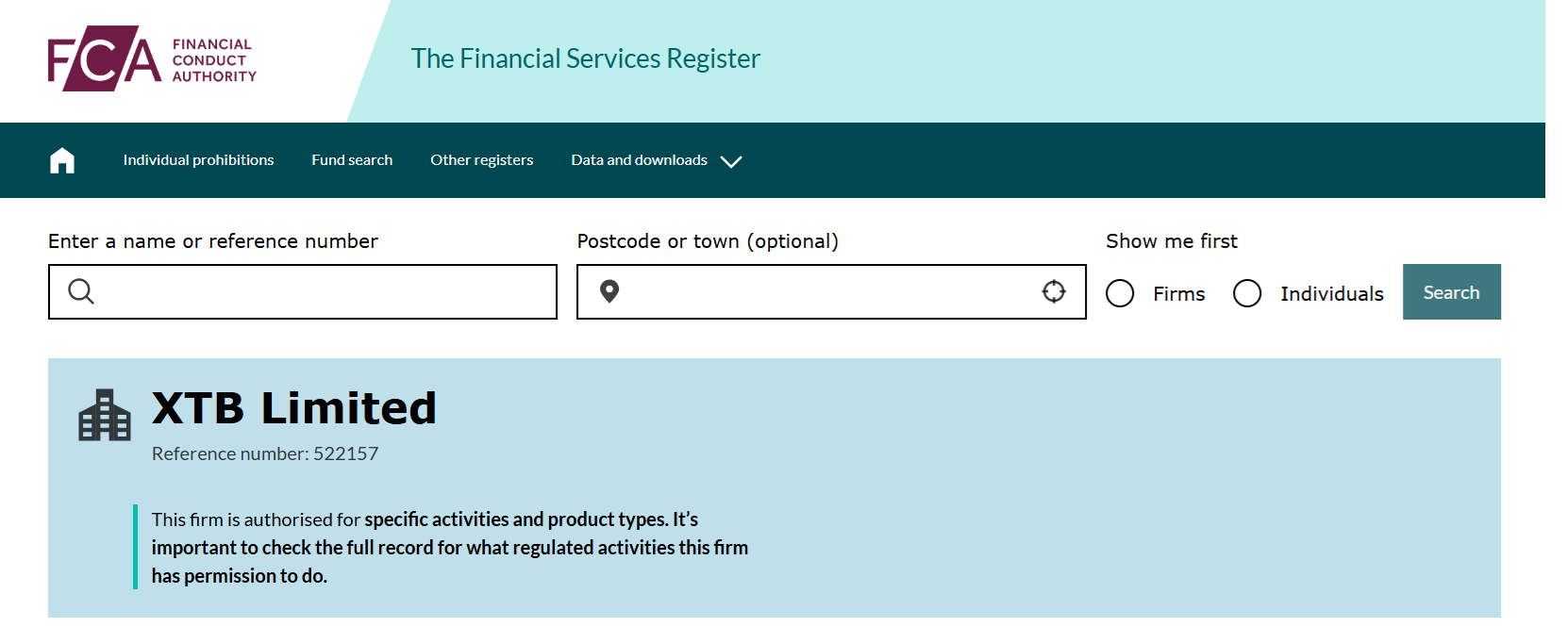 XTB Limited’s licensing info at fca.org.uk