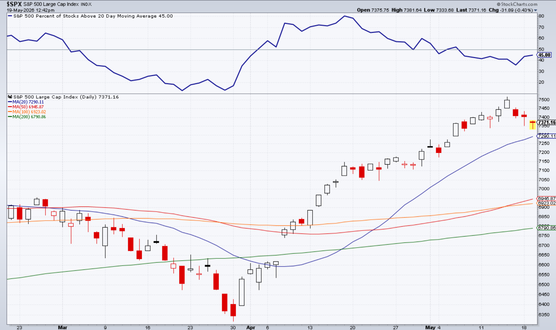 Daily S&P 500 chart showing the index pulling back from recent highs while 45% of stocks trade above their 20-day moving average.