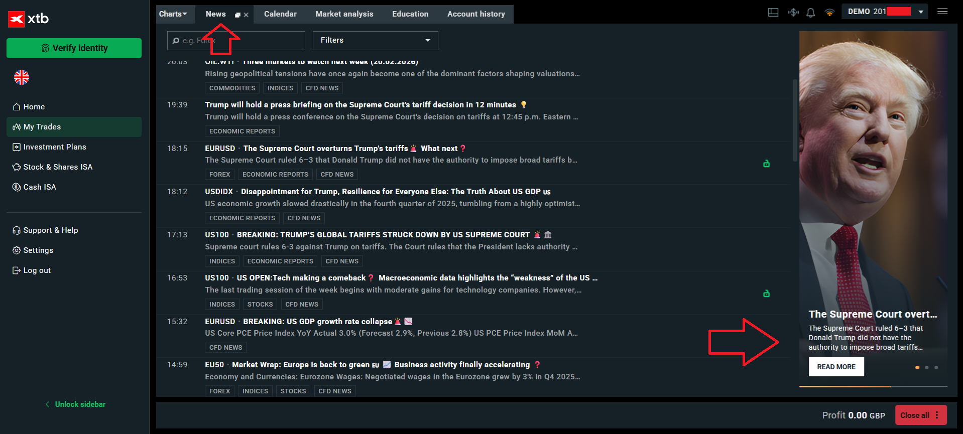 XTB’s news screener (Source: www.xtb.com)