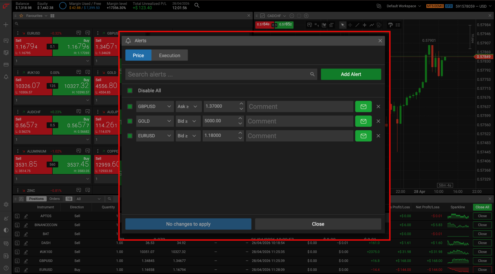 FxPro WebTrader alerts