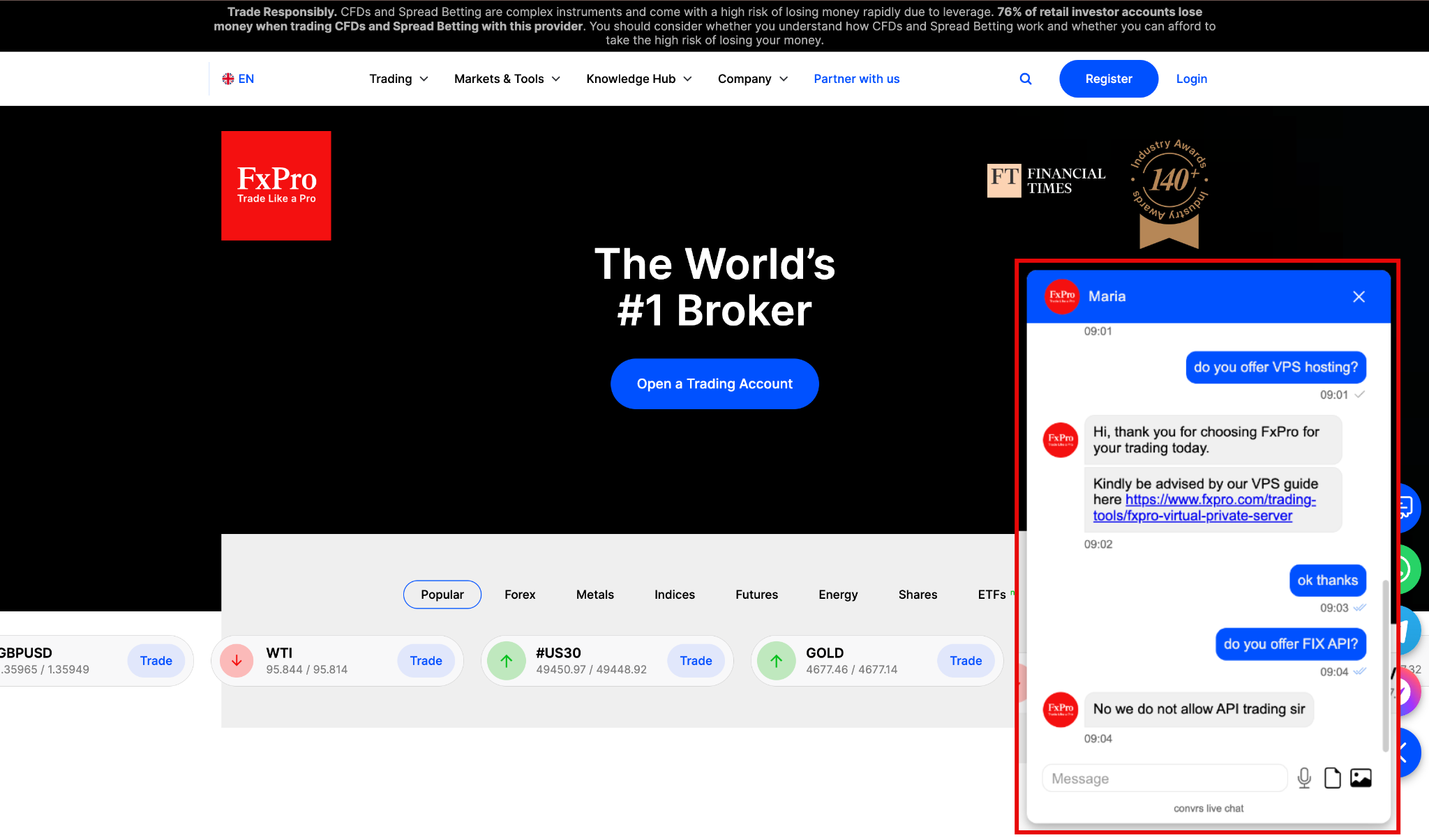 FxPro live chat support