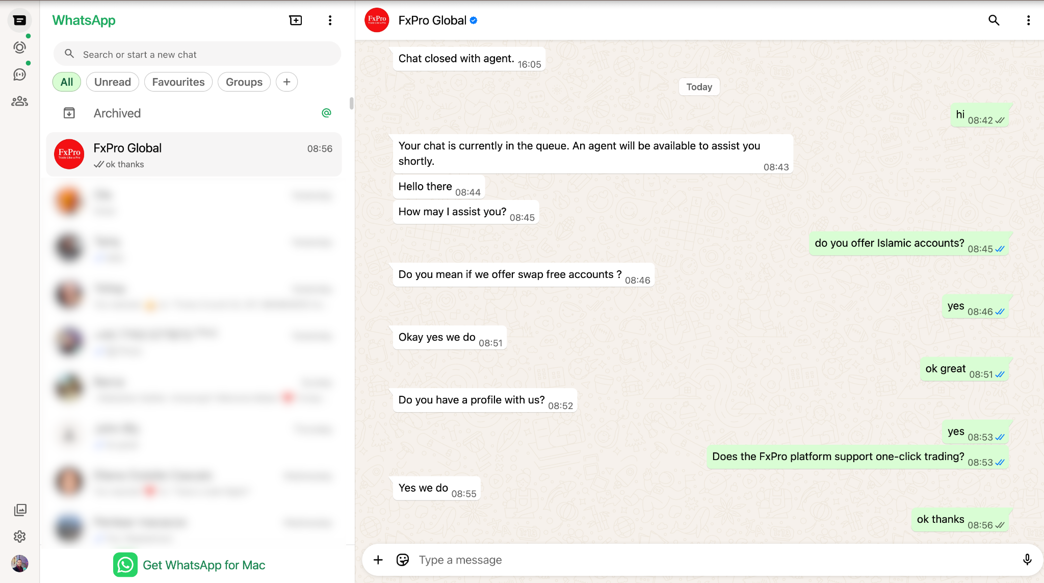 FxPro chat support via WhatsApp