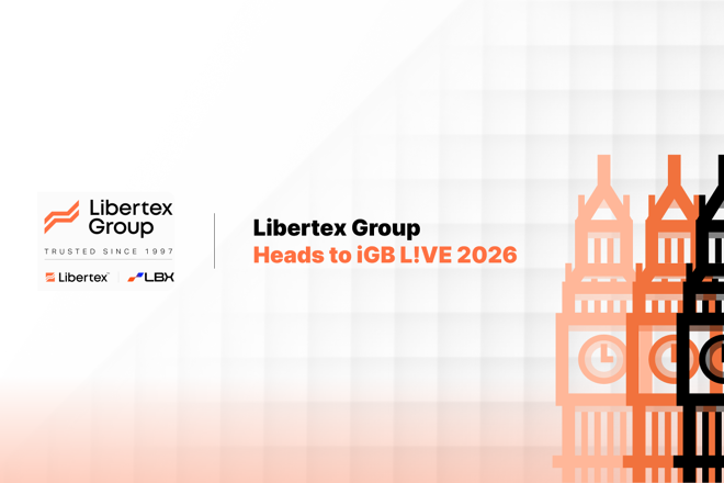Libertex Group logo, the labels "TRUSTED SINCE 1997", Libertex and LBK logos below, and the label "Libertex Group Heads to iGB L!VE 2026" on the right, close to three icons of the Big Ben.