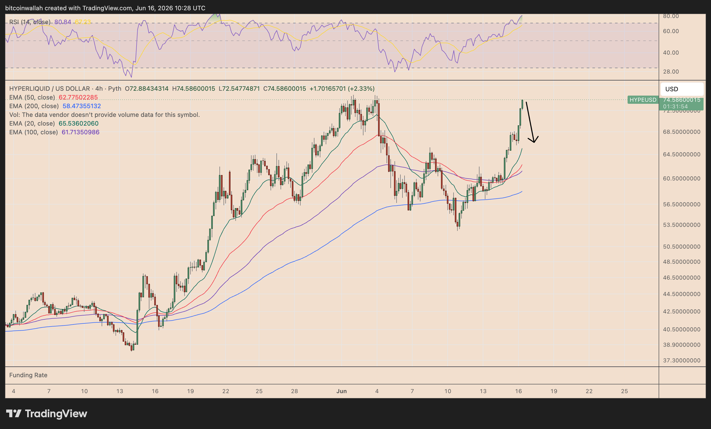 Grafico HYPE/USD a quattro ore