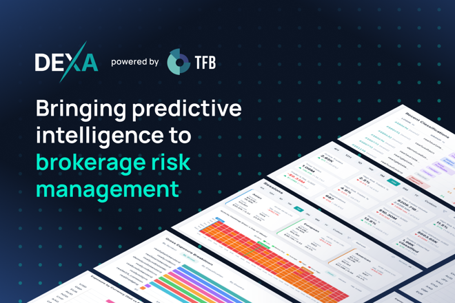 DEXA logo, powered by TFB, the label "Bringing predictive intelligence to brokerage risk management" and the risk management platform full of data and charts