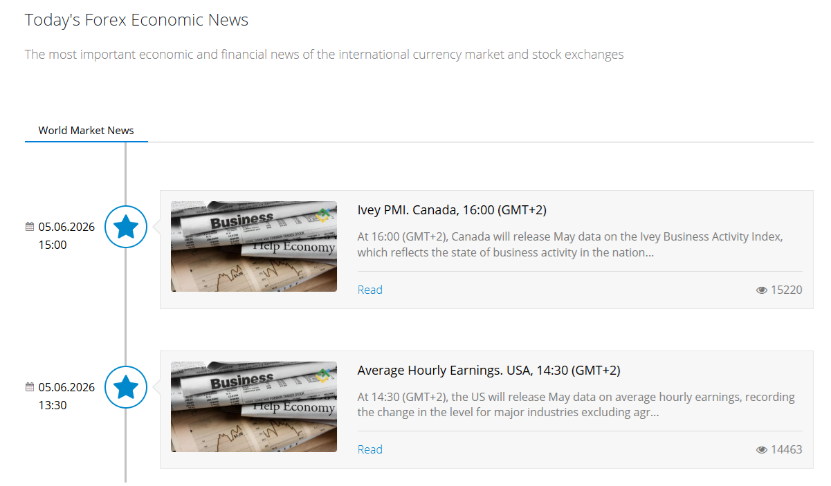 LiteForex’s economic news screener