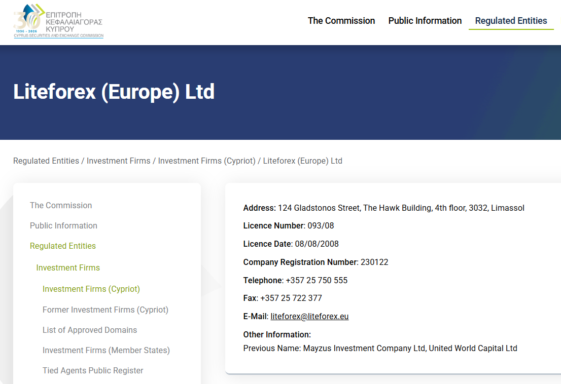 Liteforex (Europe) Ltd’s licensing info at cysec.gov.cy