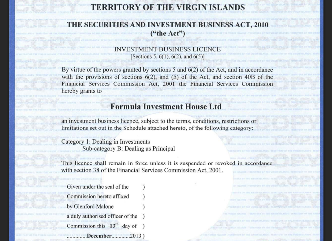 Formula Investment House Ltd’s license by the BVI FSC