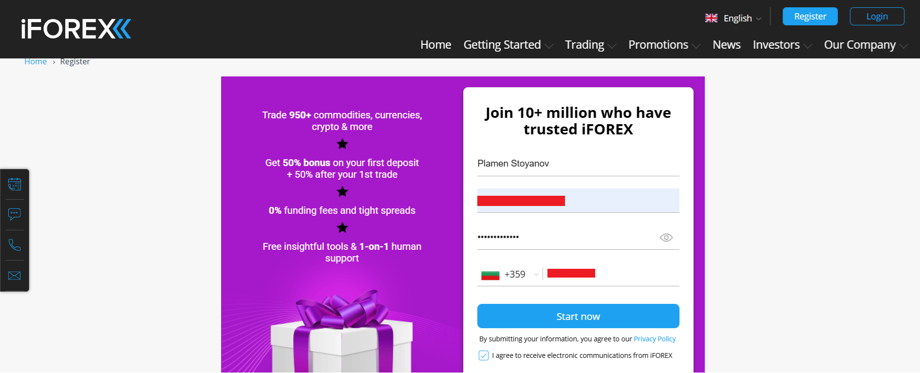 iFOREX’s account registration form