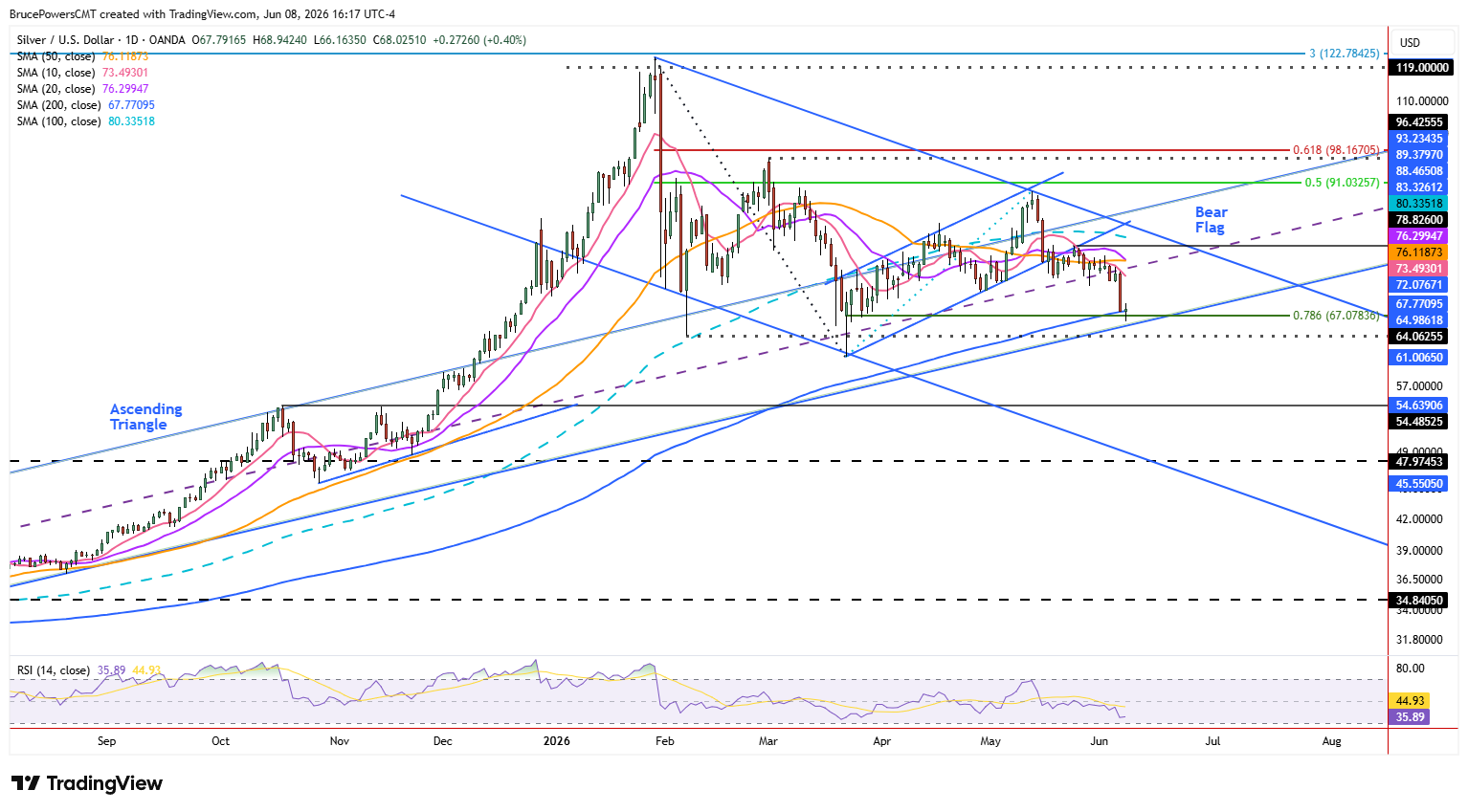Spot silver daily chart shows extension of bearish correction to key support zone