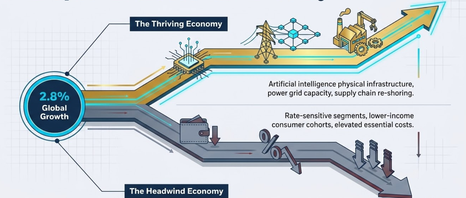 Gráfico que muestra un crecimiento global del 2,8% dividido entre una economía floreciente liderada por infraestructura de IA, redes eléctricas y reshoring de la cadena de suministro, y una economía con vientos en contra presionada por tasas, consumidores más débiles y costes elevados.