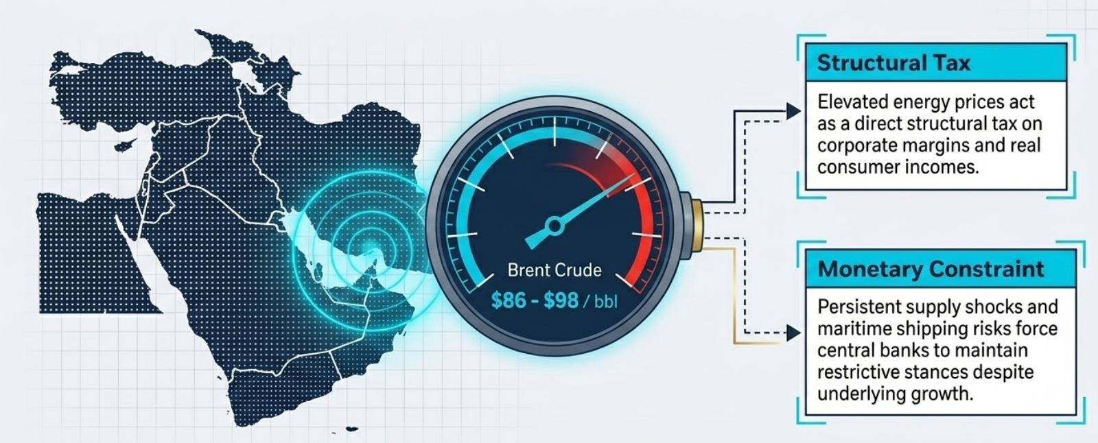 Gráfico que muestra un mapa de Oriente Medio, un indicador del Brent entre 86 y 98 dólares por barril, y anotaciones que explican cómo los precios energéticos elevados presionan los márgenes corporativos, las rentas de los consumidores y la política monetaria.