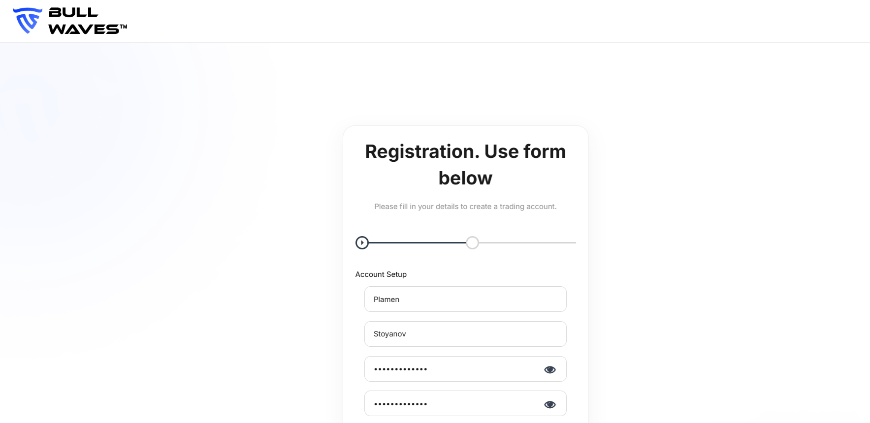Bullwaves’ account registration form