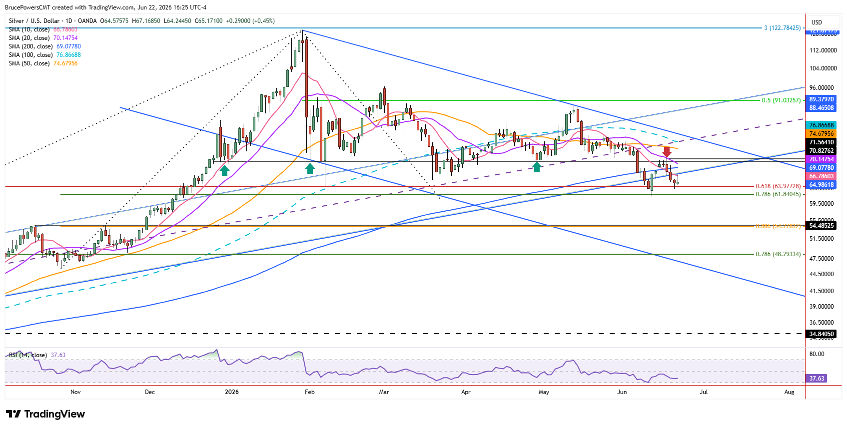 Spot silver daily chart shows further testing of key support zone