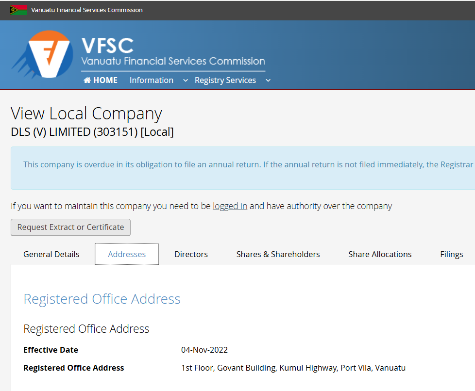 DLS Markets Limited’s licensing info at vfsc.vu