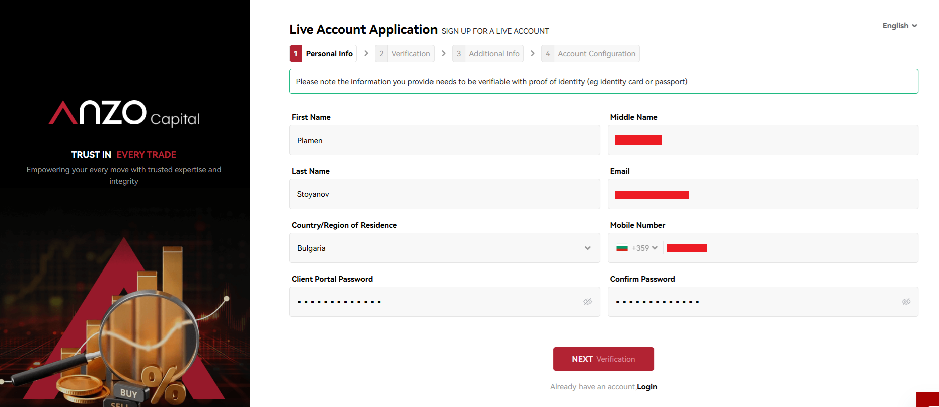 Anzo Capital’s account registration form