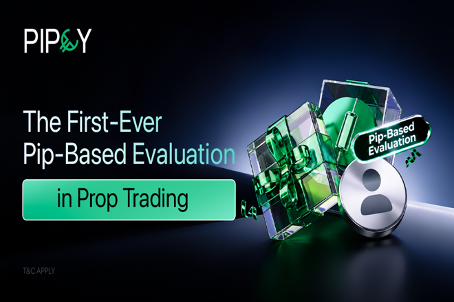 Pipfy promotional banner with the tagline "The First-Ever Pip-Based Evaluation in Prop Trading," featuring a green 3D gift box and user icon on a dark background.