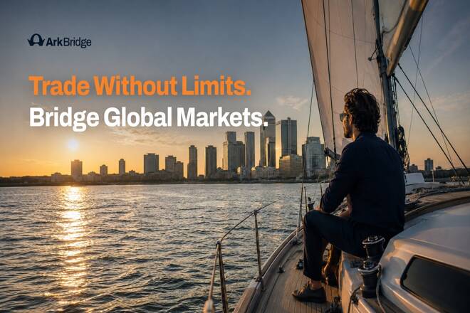 ArkBridge banner with the tagline "Trade Without Limits. Bridge Global Markets," showing a man on a yacht looking out over the sea toward a city skyline at sunset.