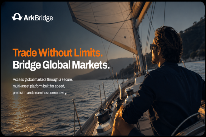 ArkBridge promotional banner with the tagline "Trade Without Limits. Bridge Global Markets," showing a man looking out over the water from a sailboat at sunset.