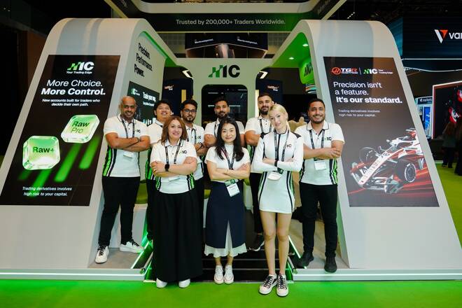 Nine IC staff pose at the IC booth at Money Expo Abu Dhabi 2026, with banner text reading "Trusted by 200,000+ Traders Worldwide"