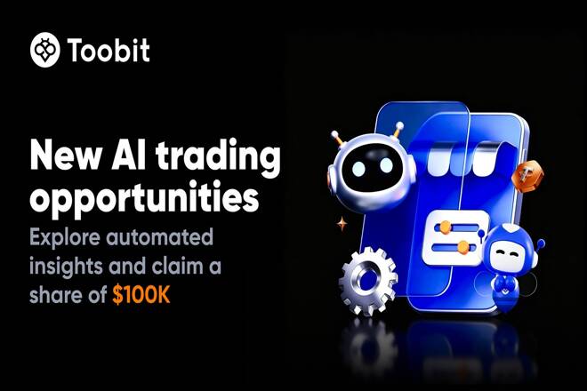 Toobit logo and label "New AI trading opportunities", close to an AI trading agent icon