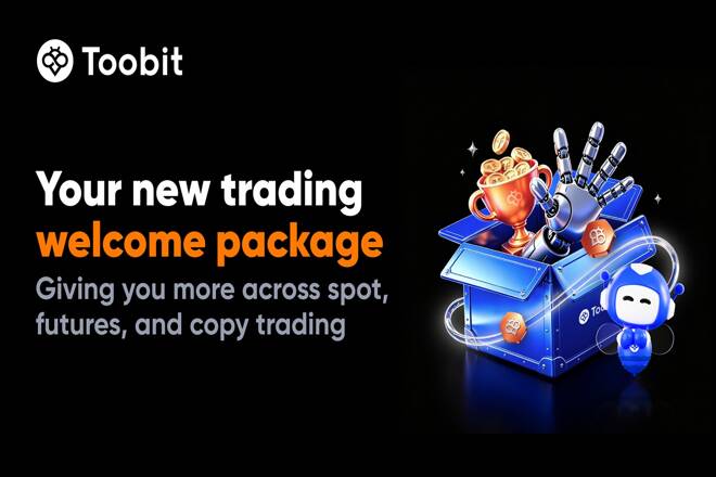 Toobit broker logo, "Your new trading welcome package" label and awards