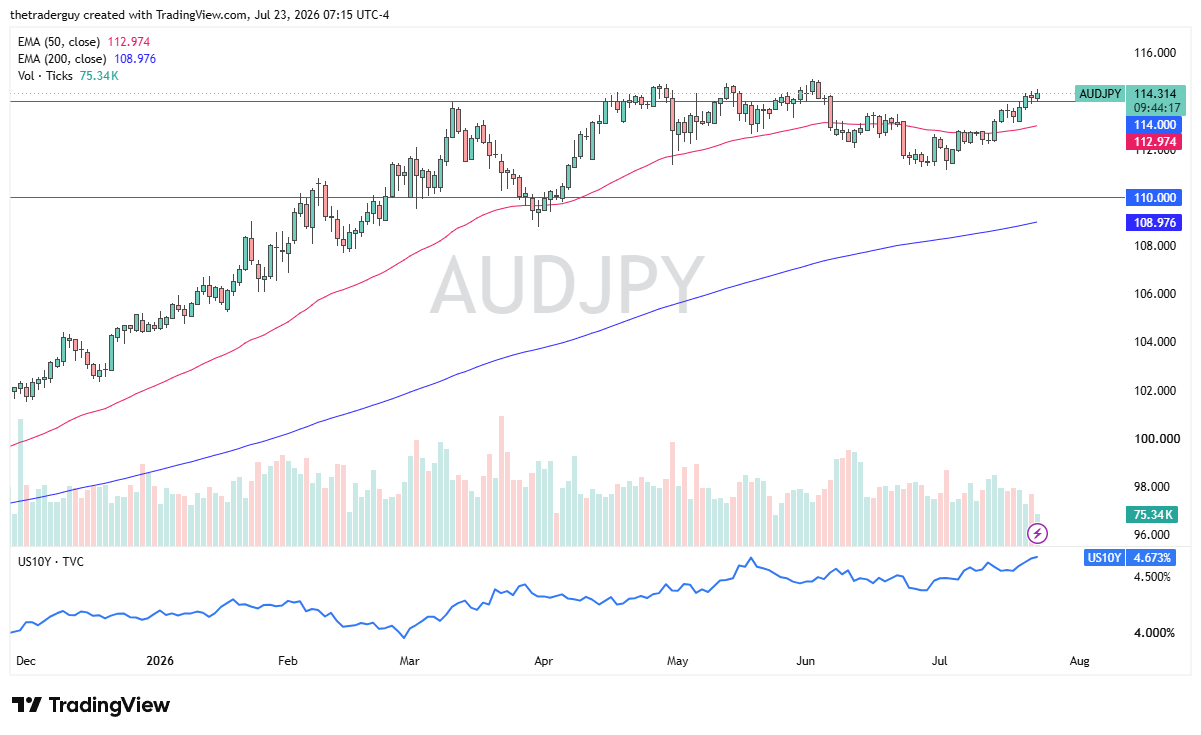 Gráfico diario de velas de AUD/JPY, cotizando cerca de 114,31 por encima de sus EMAs de 50 y 200 días.