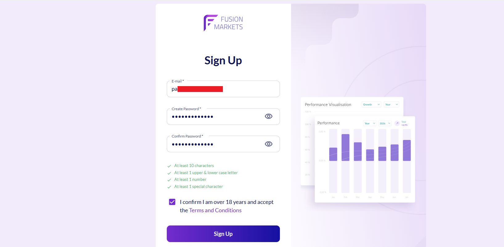 Fusion Markets’ account registration form