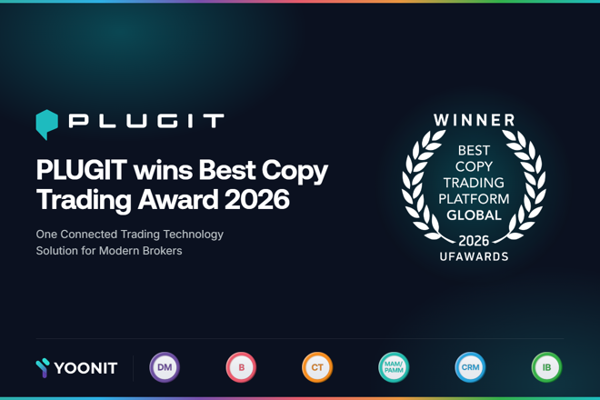 Promotional banner announcing PLUGIT wins the Best Copy Trading Award 2026, with a winner's laurel wreath badge and product icons along the bottom.