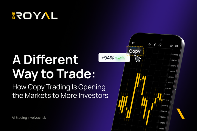 One Royal promotional banner with the tagline "A Different Way to Trade: How Copy Trading Is Opening the Markets to More Investors," showing a smartphone displaying a candlestick chart with a "Copy" button.