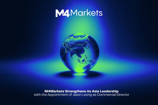 M4Markets banner featuring a glowing green-and-blue globe centered on Asia, with the headline "M4Markets Strengthens its Asia Leadership with the Appointment of Jason Leong as Commercial Director."
