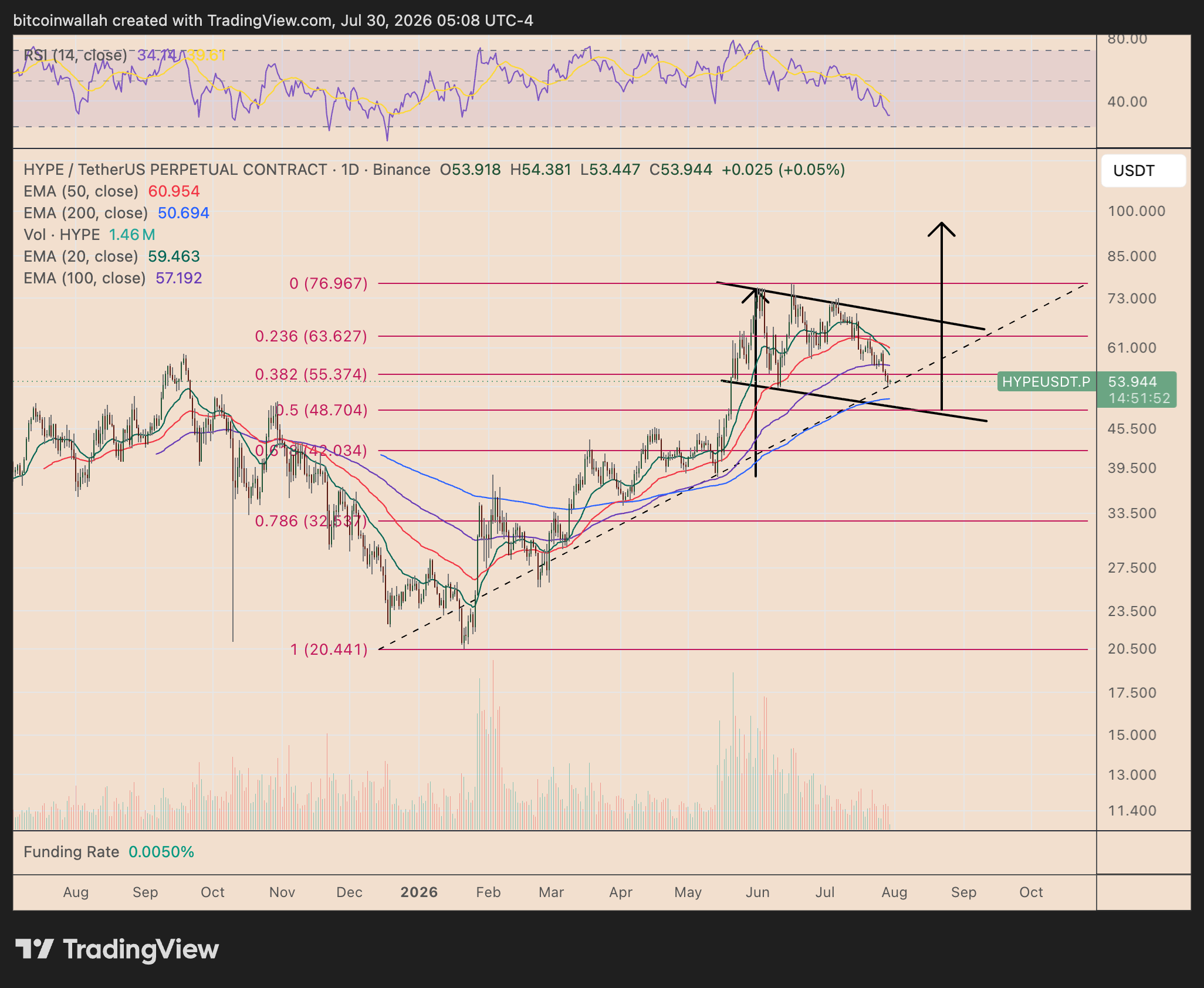 Grafico giornaliero di HYPE che mostra il setup di breakout della bandiera rialzista