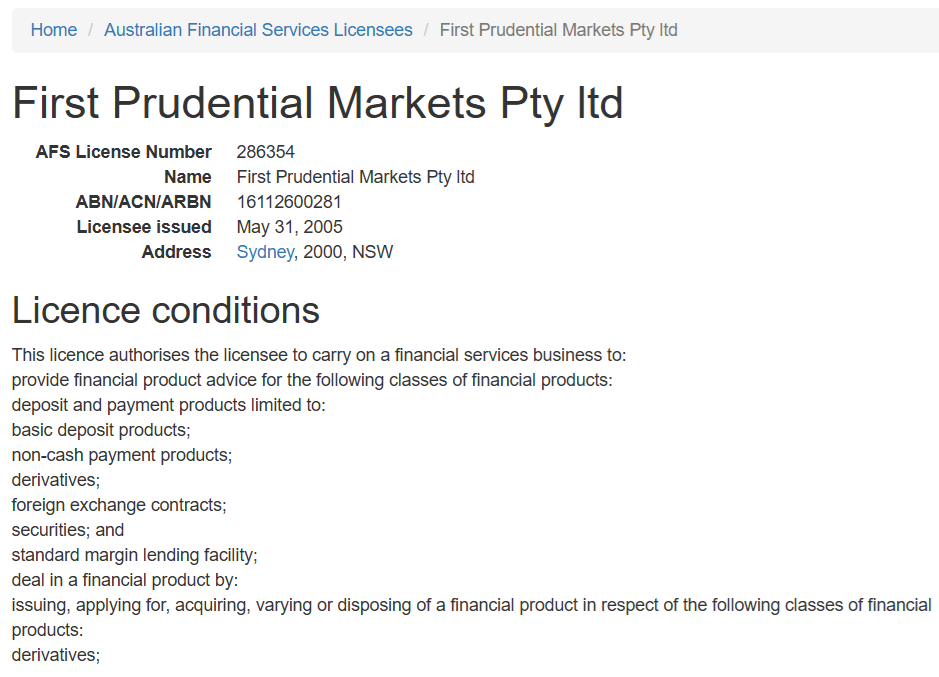 FP Markets’ AFSL license info from ASIC