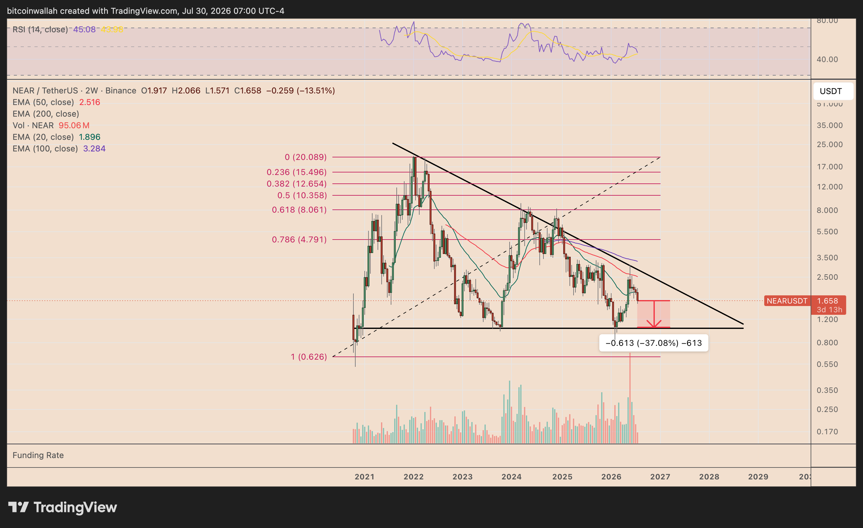 Grafico su due settimane di NEAR con la configurazione della grande trendline discendente