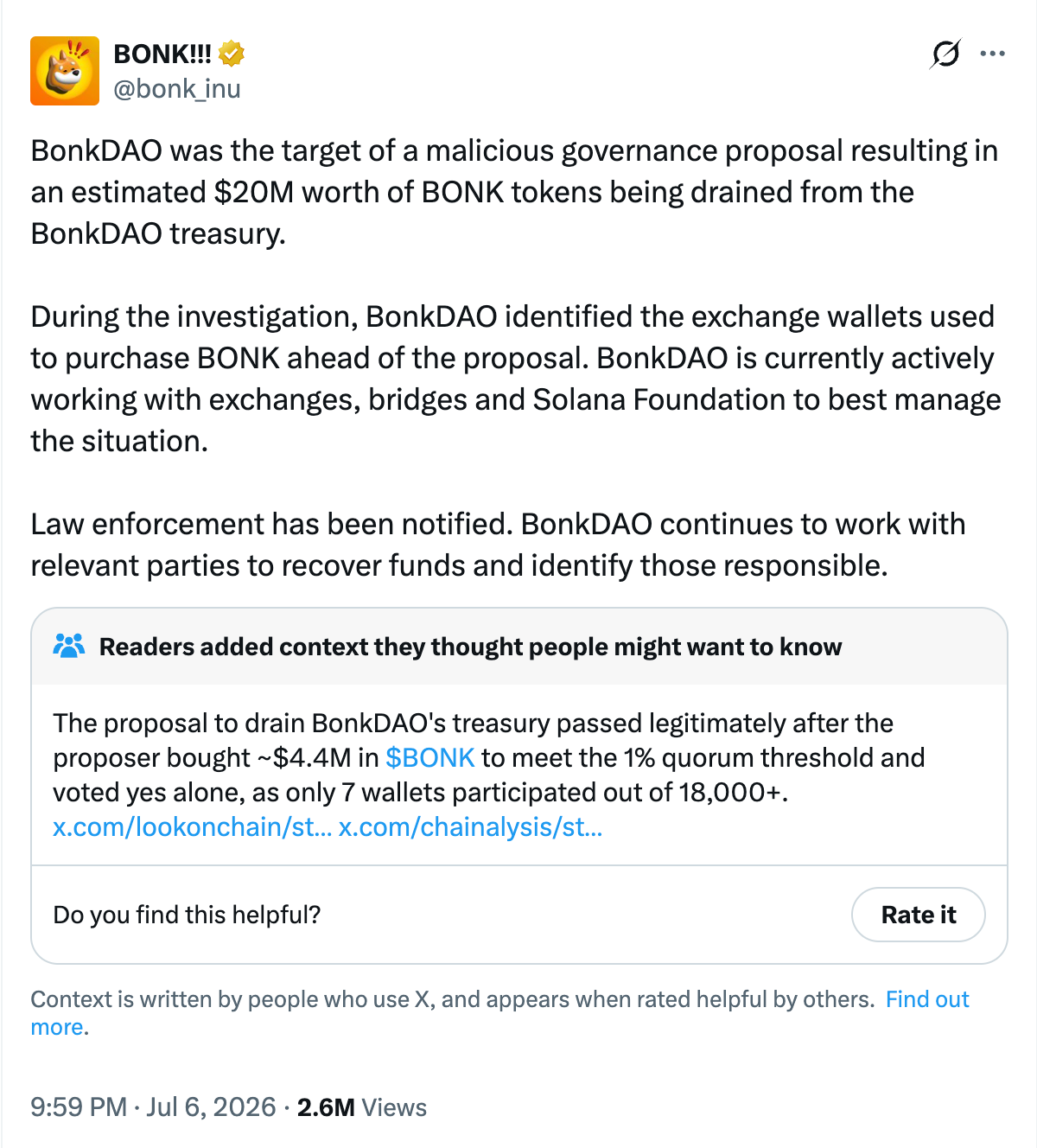 BONK's confirmation on X about the hack